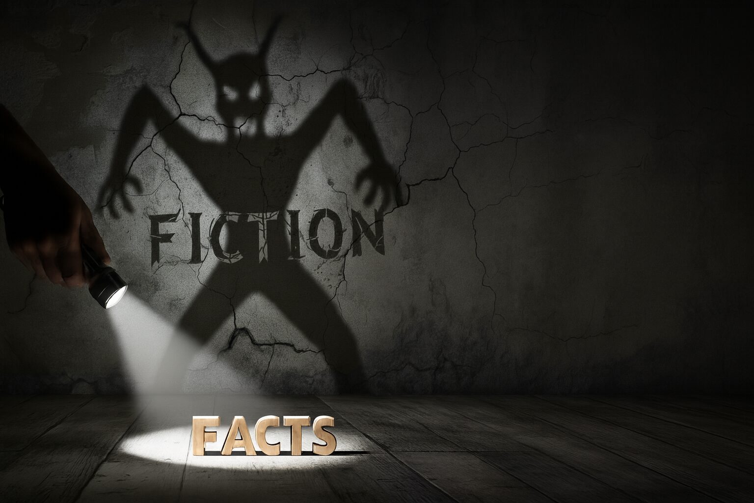 flashlight aimed at blocks that say "FACTS" but the shadow on the wall says "FICTION"